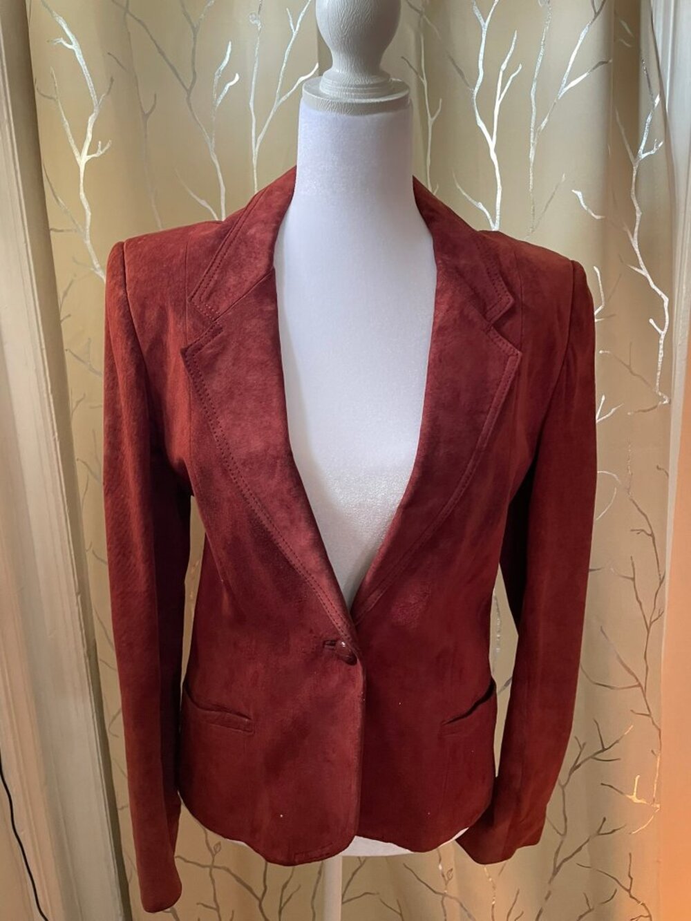 Dark Red Real Suede Leather Blazer Jacket - Picture 2 of 14